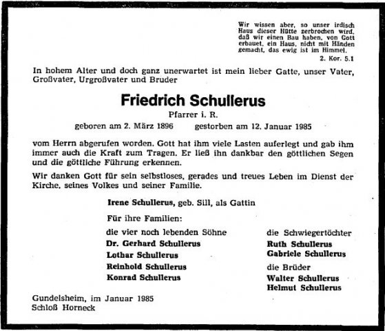 Schullerus Friedrich 1896-1985 Todesanzeige